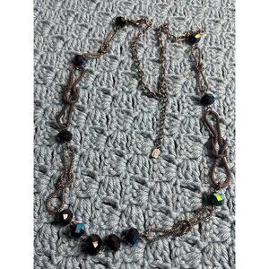 You and I  Glass Dark AB Faceted Beaded Necklace Gunmetal Knotted Mesh Chain